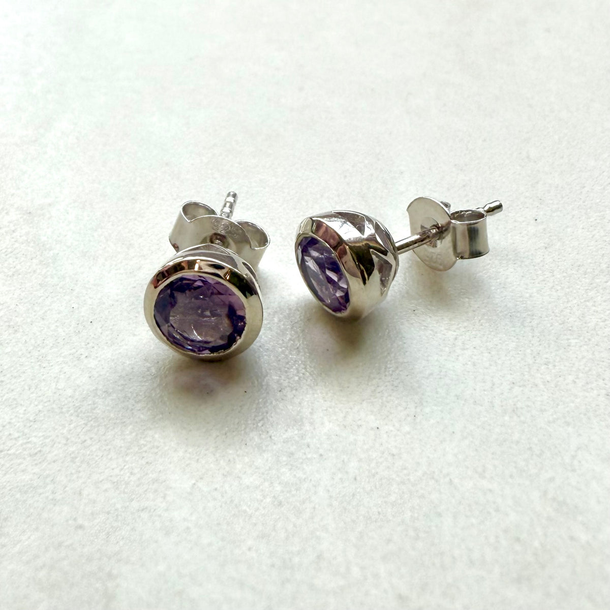 Sterling Silver Amethyst Rubover Stud Earrings