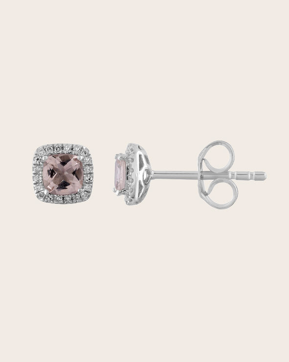 9ct White Gold Cushion cut Morganite & Diamond Stud Earrings