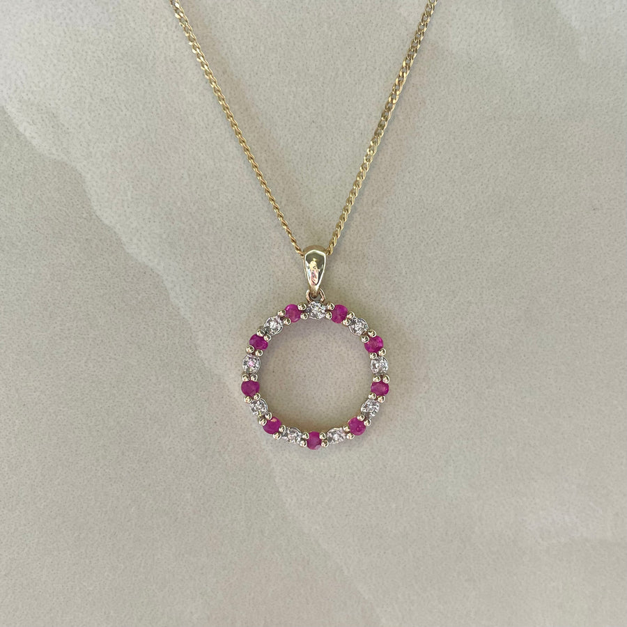 9ct Yellow Gold Ruby & Diamond Open Circle Pendant