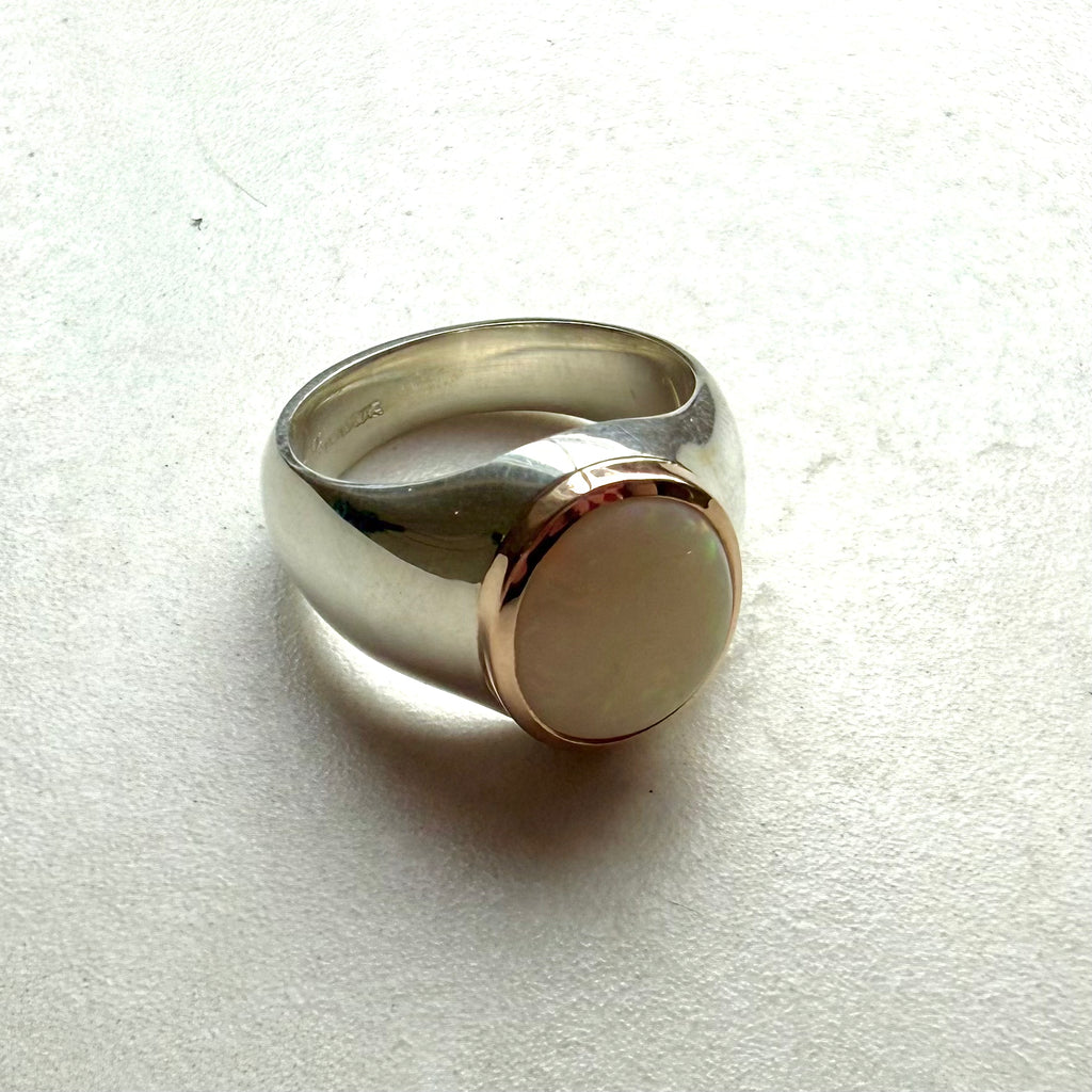 Sterling Silver & 9ct Rose Gold Milk Opal Signet Ring