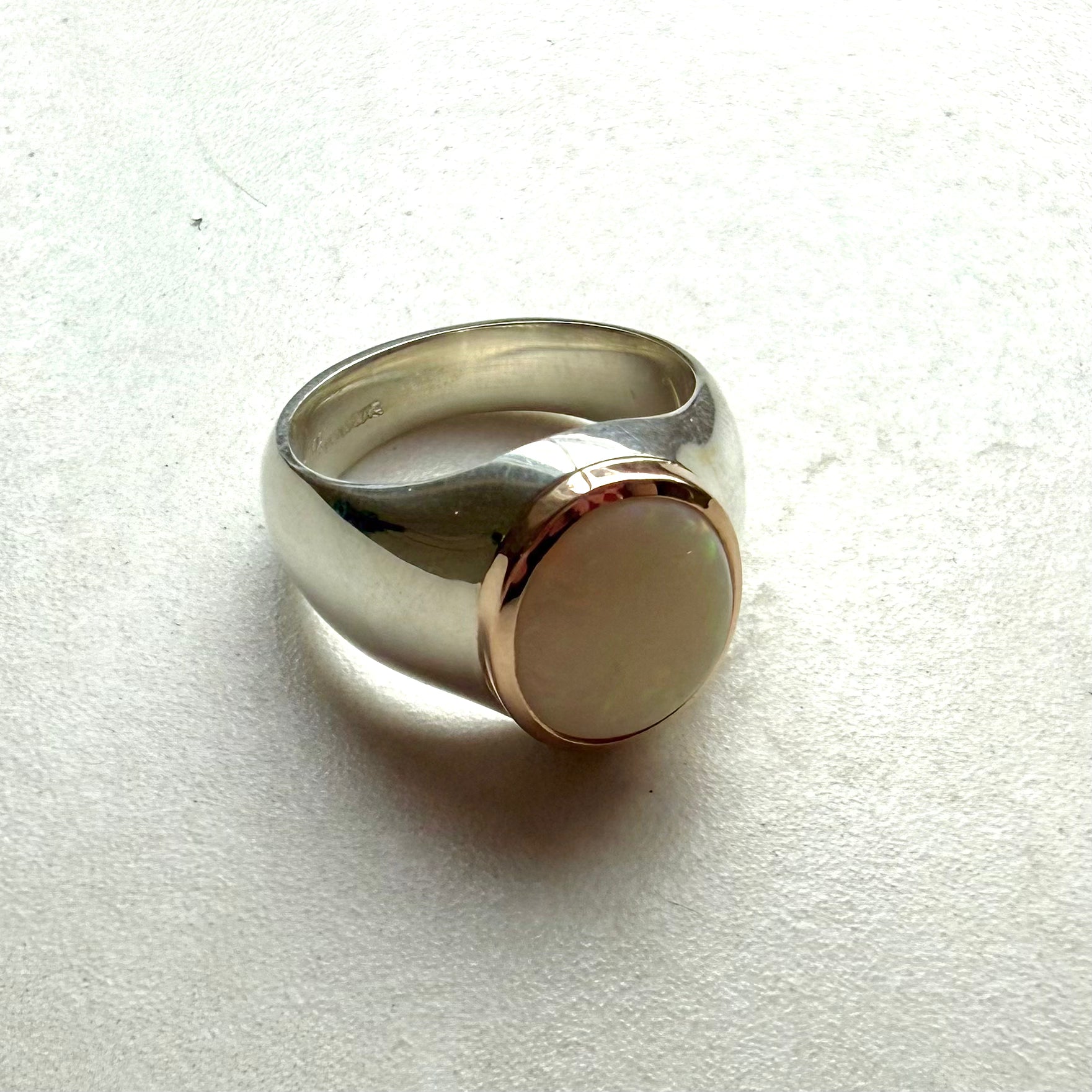 Sterling Silver & 9ct Rose Gold Milk Opal Signet Ring