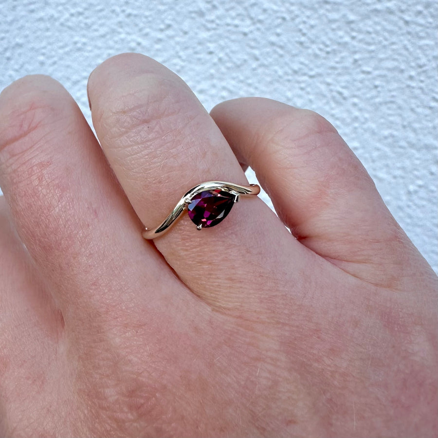 9ct Yellow Gold Rhodilite Garnet Pear Cut Stacker Ring