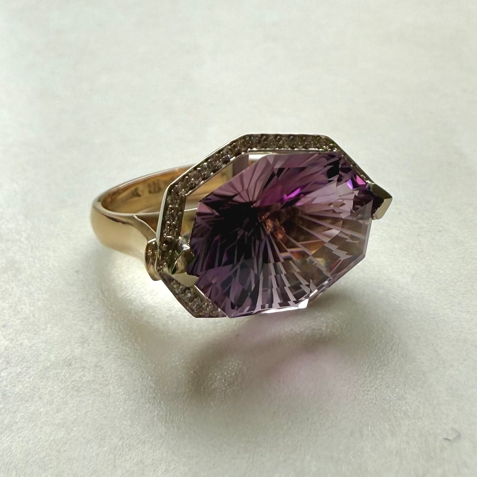 9ct Yellow & White Gold Fancy Cut Amethyst & Round Brilliant Cut Diamond Cluster Ring