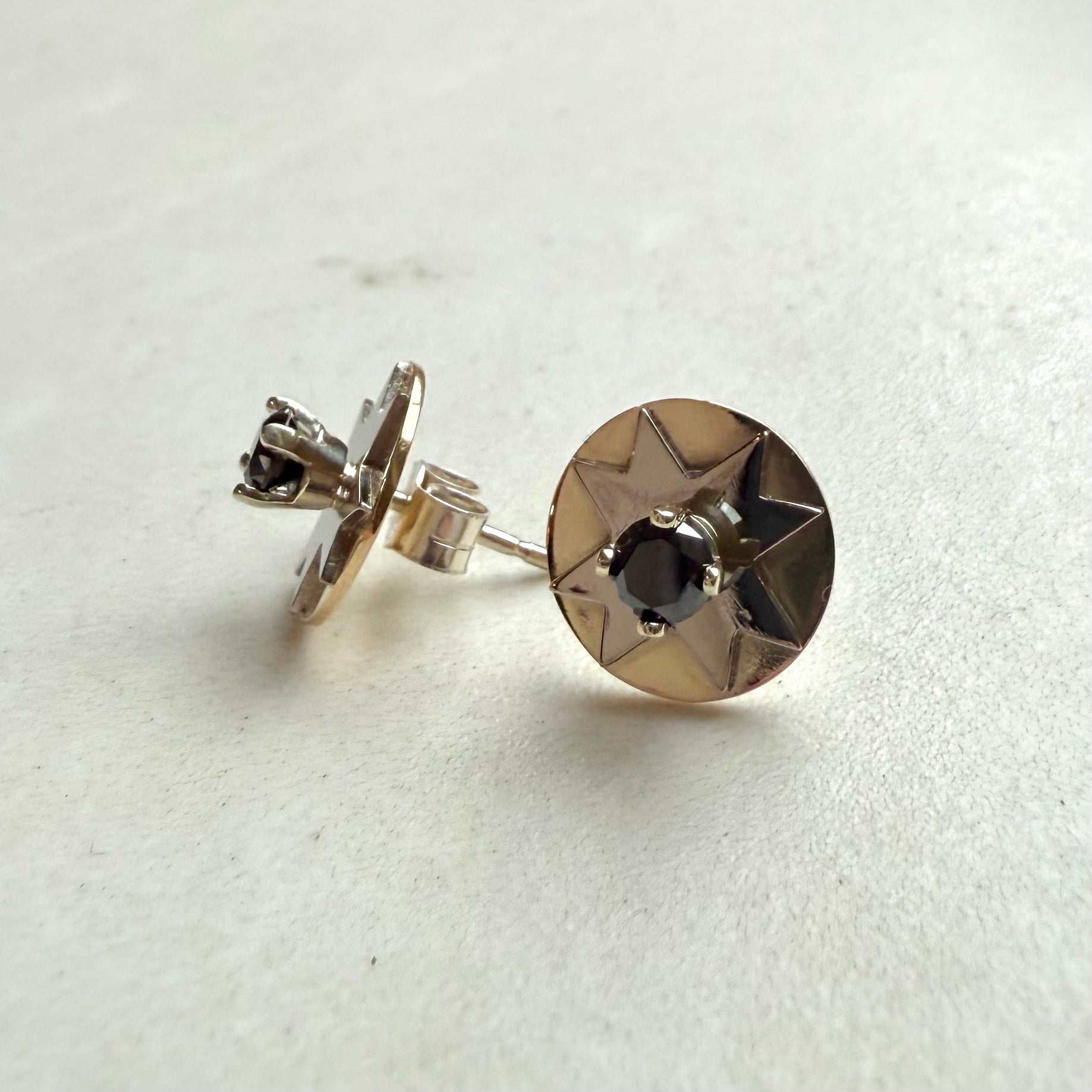 9ct Yellow & White Gold Black Diamond Star Detailed Stud Earrings