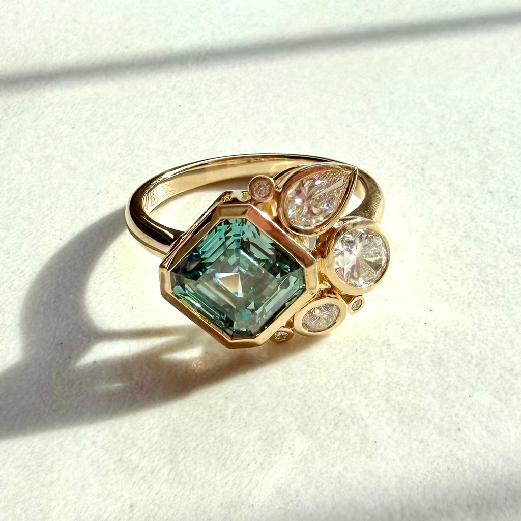 14ct Yellow Gold Laboratory Grown Asscher Cut Blue Diamond & White Diamond Ring