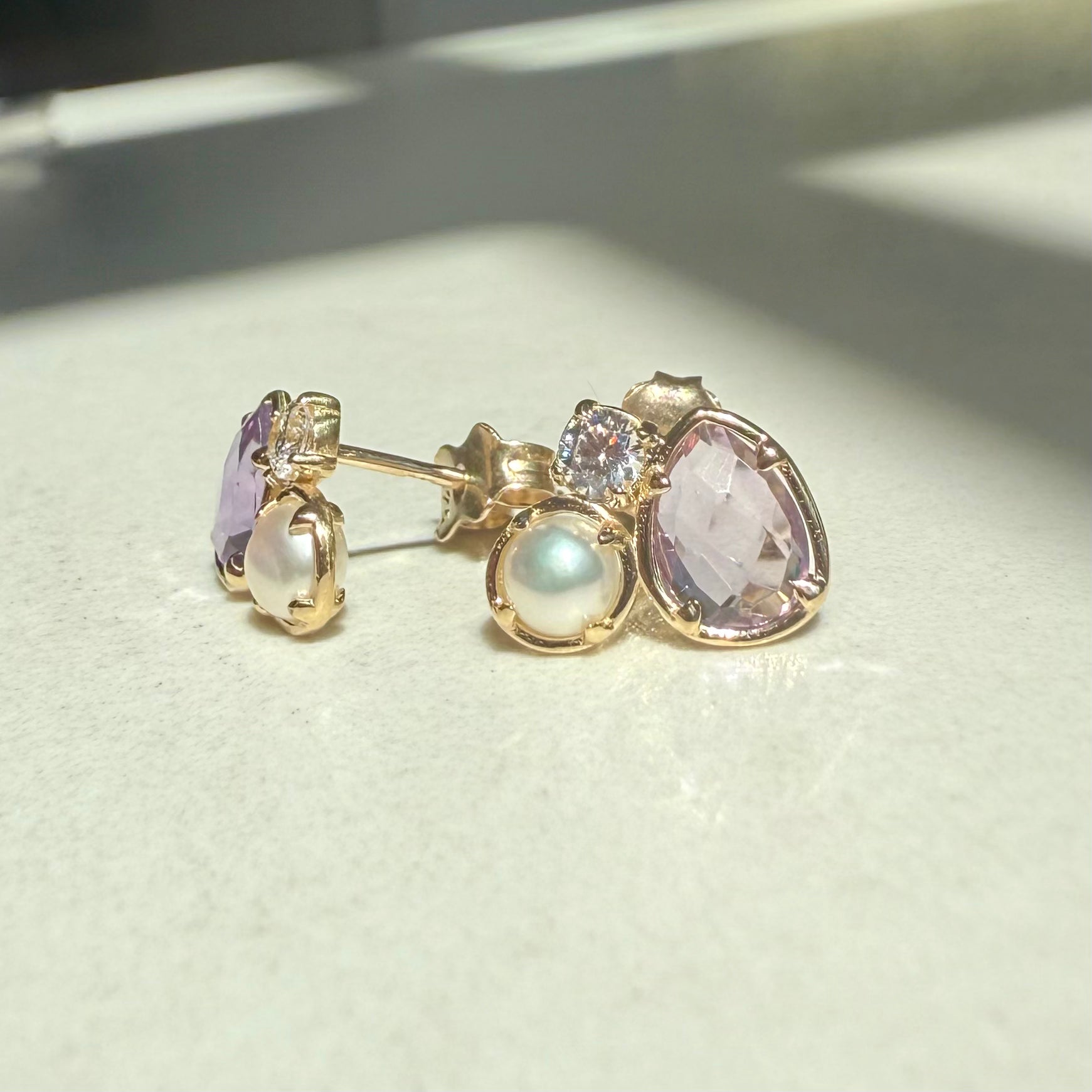9ct Yellow Gold Freshwater Pearl Amethyst & Cubic Zirconia Stud Earrings