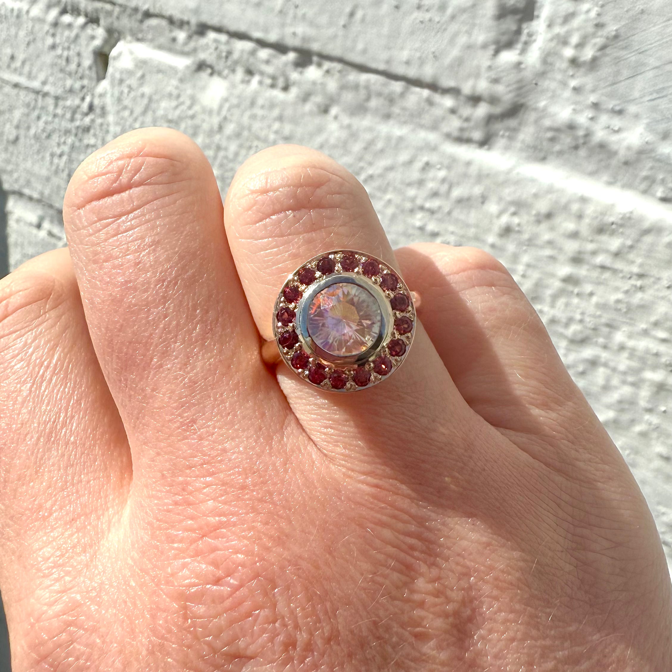 9ct Rose & White Gold Moonstone & Pink Spinel Ring