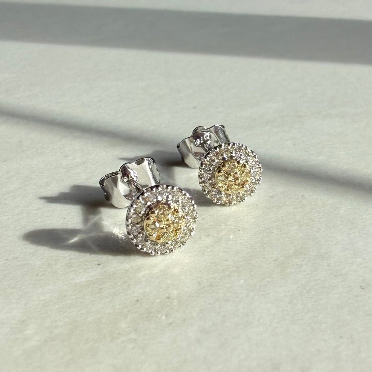 9ct White & Yellow Gold White & Natural Yellow Round Brilliant Cut Diamond Stud Earrings