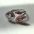 9ct White Gold Pink Tourmaline Blue Topaz & Round Brilliant Cut Diamond Ring