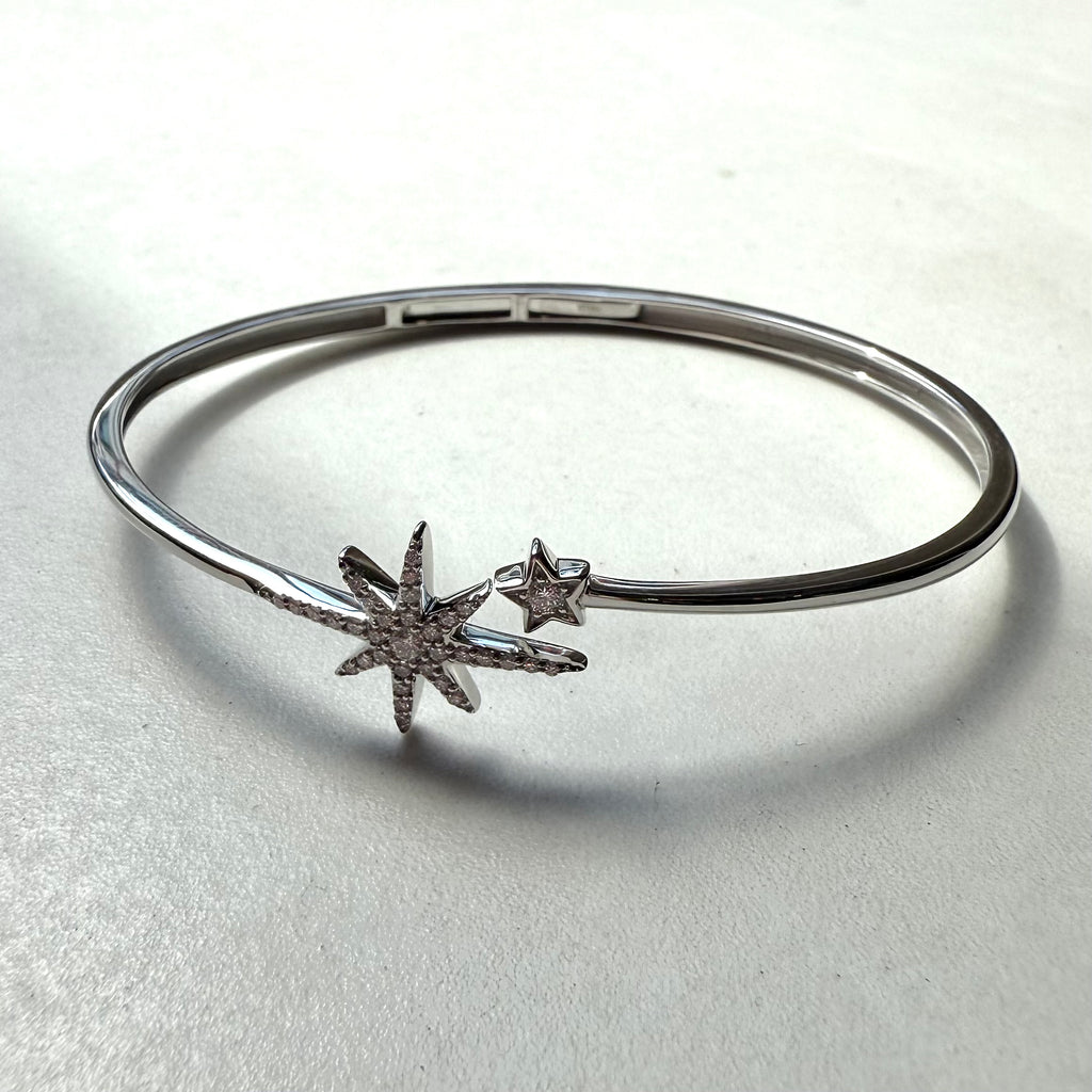 9ct White Gold Round Brilliant Cut Diamond Double Star Snap Bangle