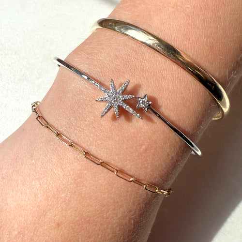 9ct White Gold Round Brilliant Cut Diamond Double Star Snap Bangle