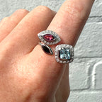 9ct White Gold Pink Tourmaline Blue Topaz & Round Brilliant Cut Diamond Ring