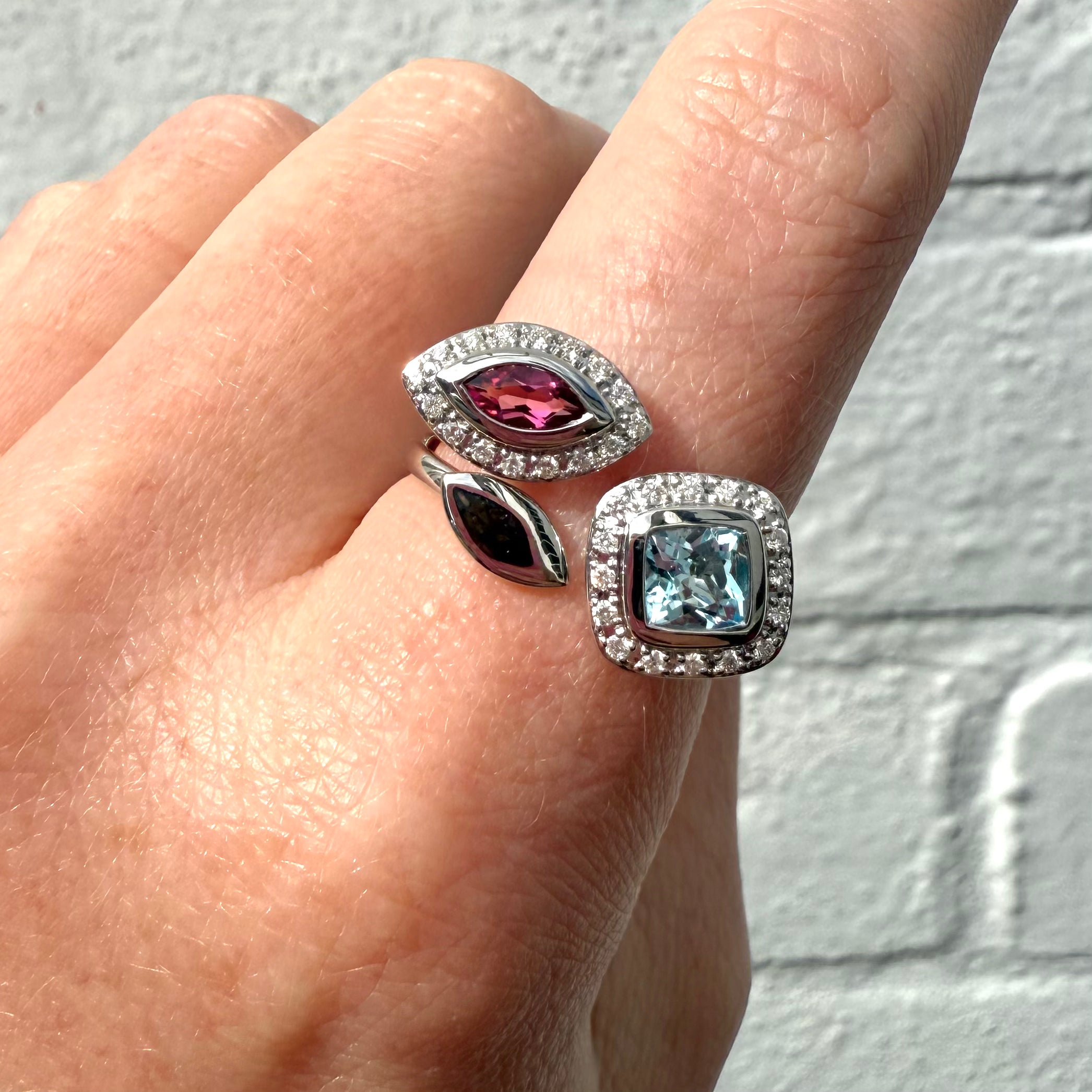 9ct White Gold Pink Tourmaline Blue Topaz & Round Brilliant Cut Diamond Ring