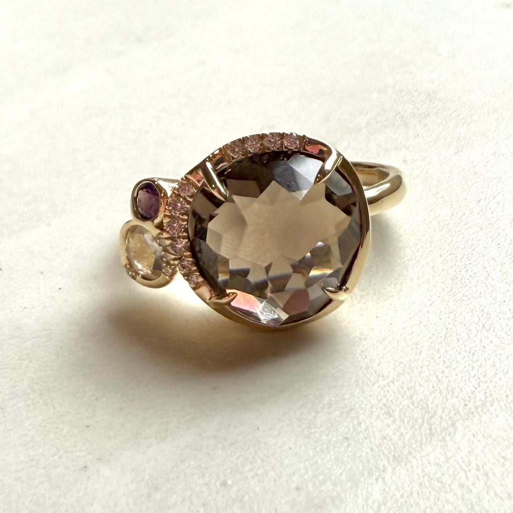 9ct Yellow Gold Smokey Quartz Clear Quartz Amethyst & Round Brilliant Cut Diamond Ring