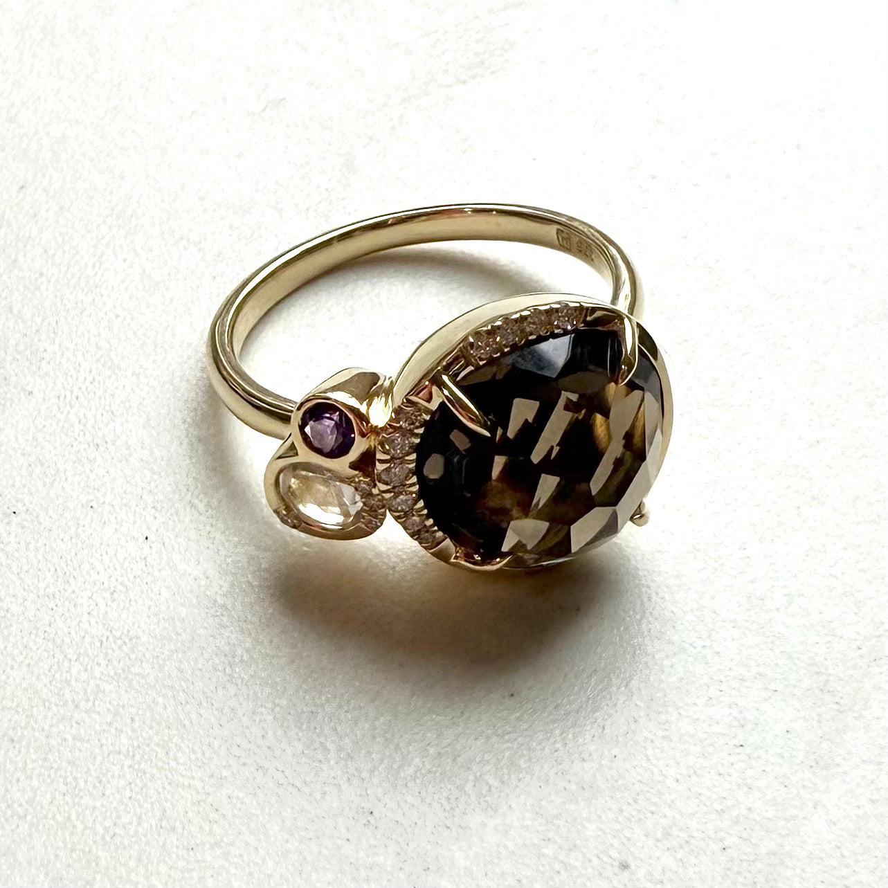 9ct Yellow Gold Smokey Quartz Clear Quartz Amethyst & Round Brilliant Cut Diamond Ring