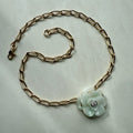 9ct Yellow & White Gold Handcarved Jade & Round Brilliant Cut Diamond Flower Necklace