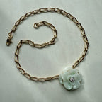 9ct Yellow & White Gold Handcarved Jade & Round Brilliant Cut Diamond Flower Necklace