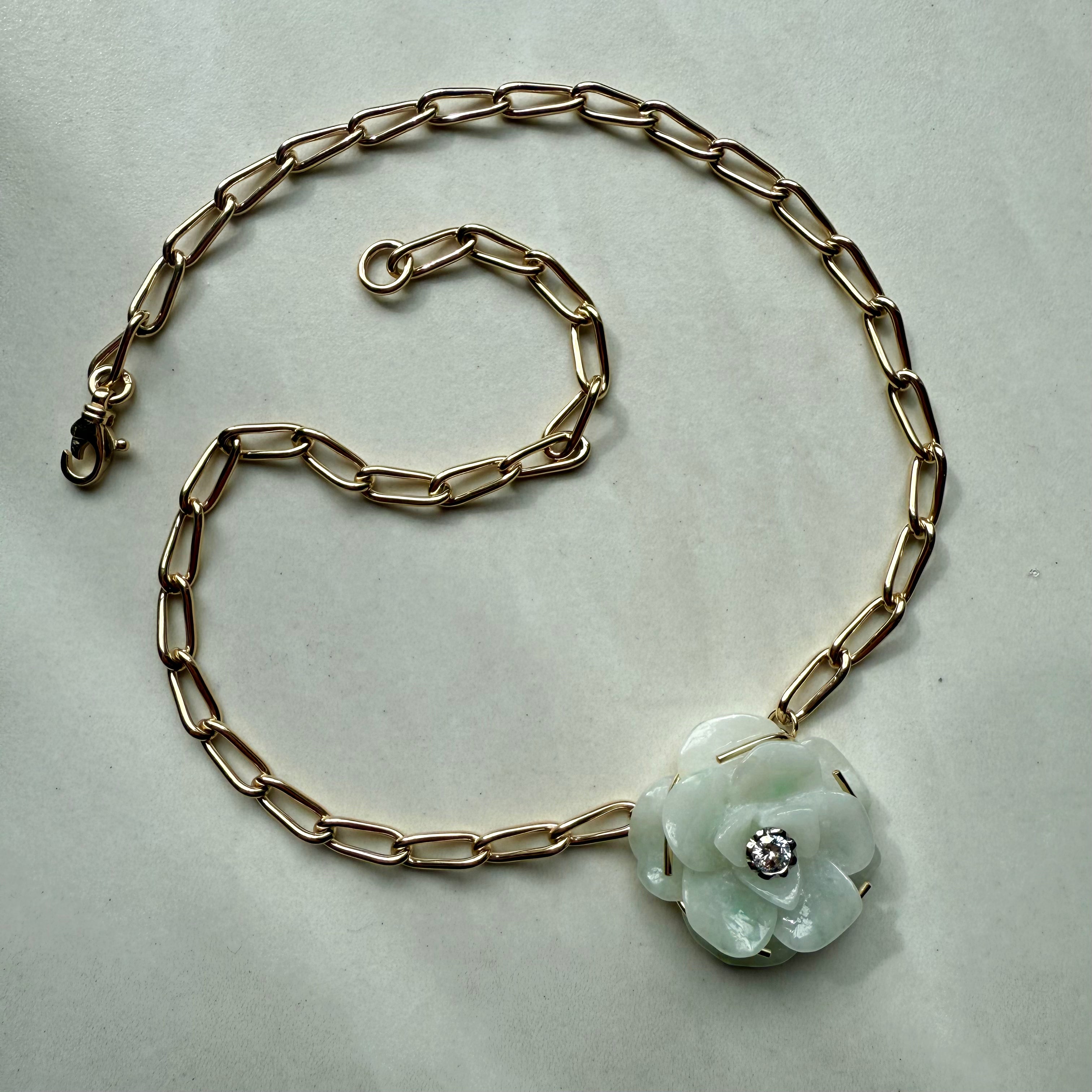 9ct Yellow & White Gold Handcarved Jade & Round Brilliant Cut Diamond Flower Necklace