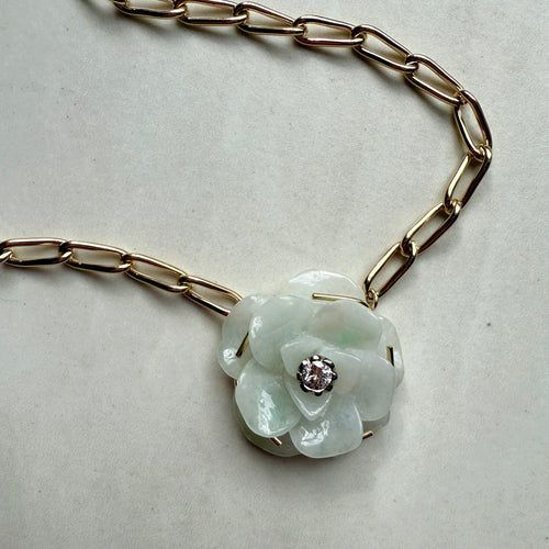 9ct Yellow & White Gold Handcarved Jade & Round Brilliant Cut Diamond Flower Necklace