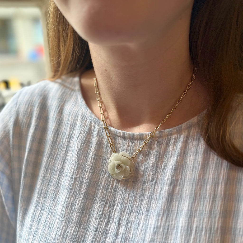 9ct Yellow & White Gold Handcarved Jade & Round Brilliant Cut Diamond Flower Necklace