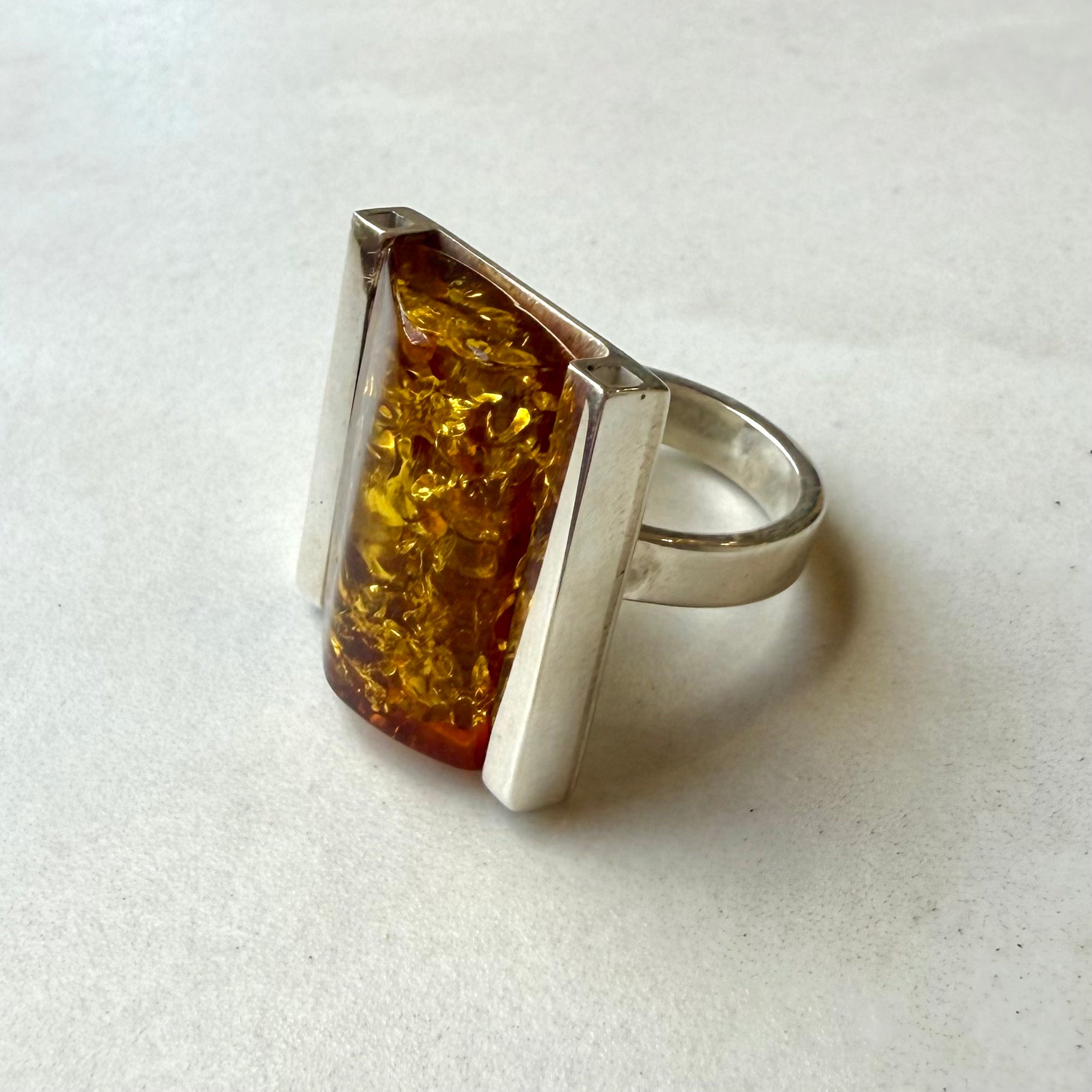 Sterling Silver & Polish Amber Rectangular Channel Set Ring