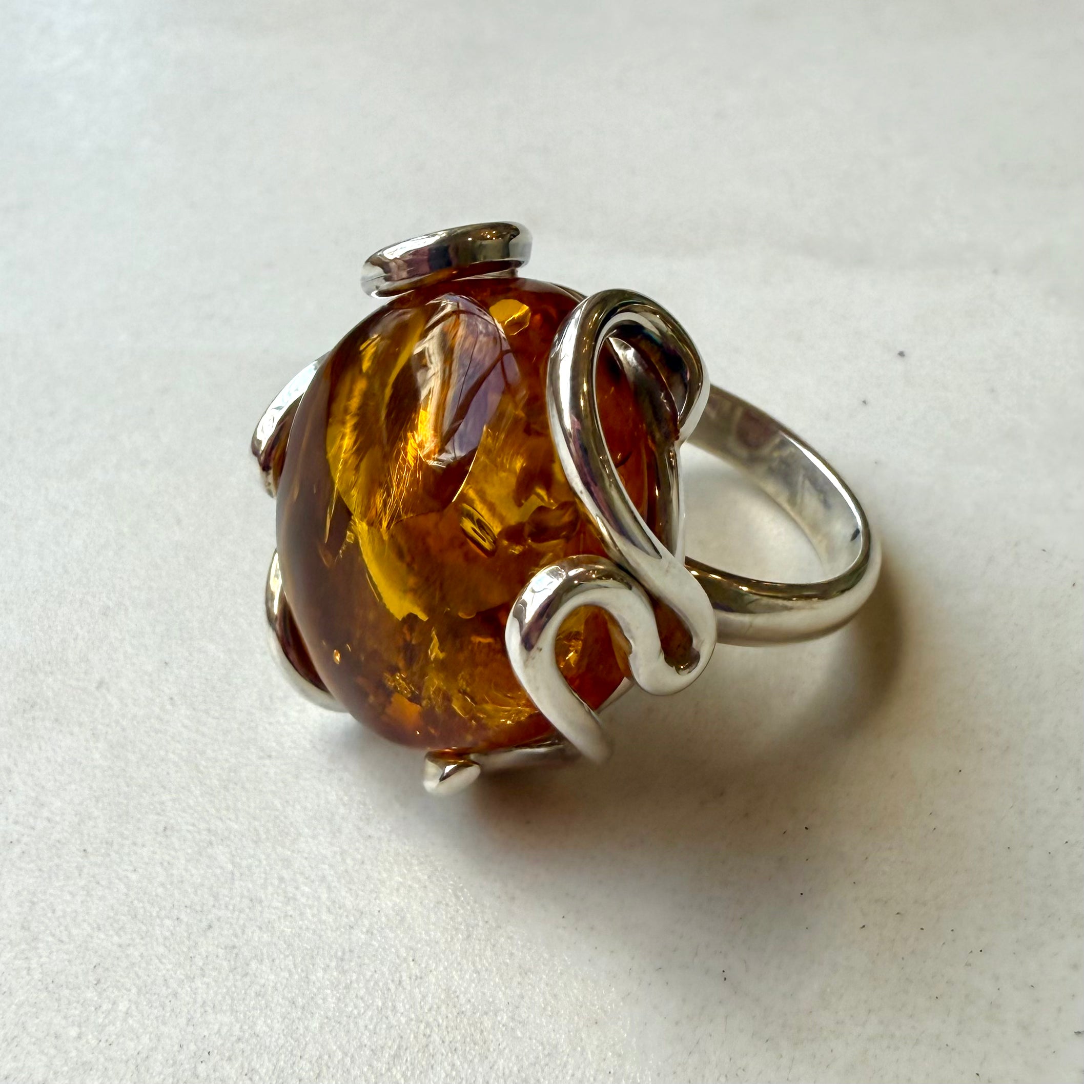 Sterling Silver & Freeform Polish Amber Squiggle Design Ring