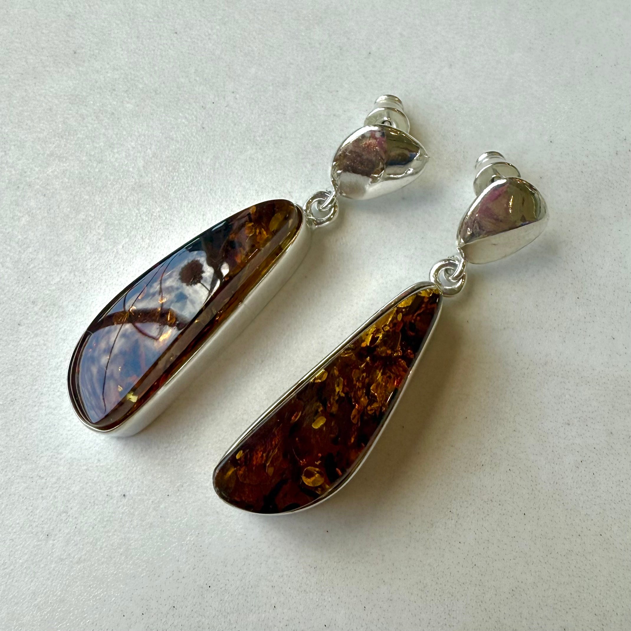 Sterling Silver Orangic Pebble Orange Amber Stud Drop Earrings