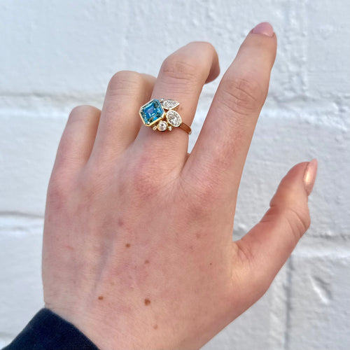 14ct Yellow Gold Laboratory Grown Asscher Cut Blue Diamond & White Diamond Ring
