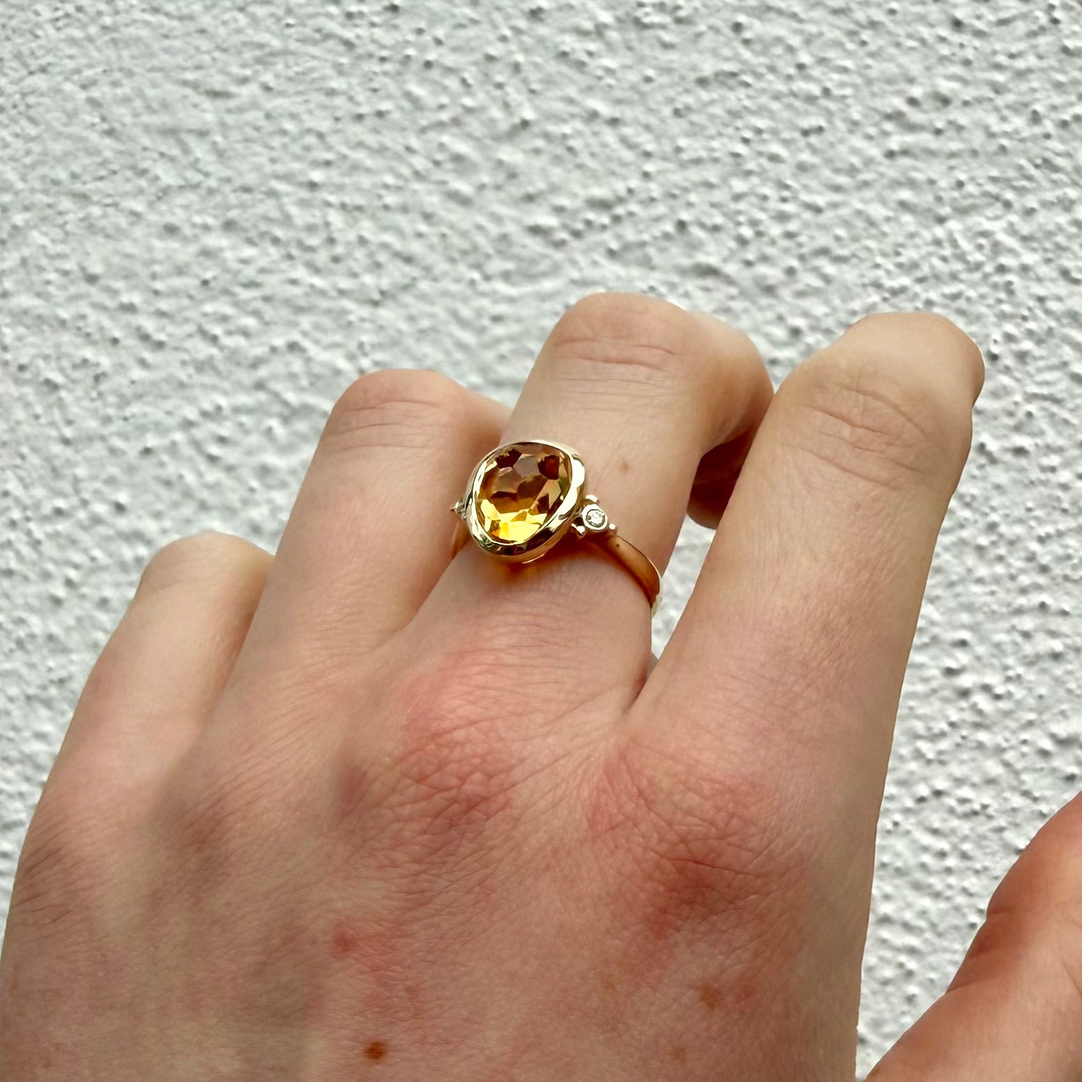 9ct Yellow Gold Freeform Golden Citrine & Round Brilliant Cut Diamond Ring