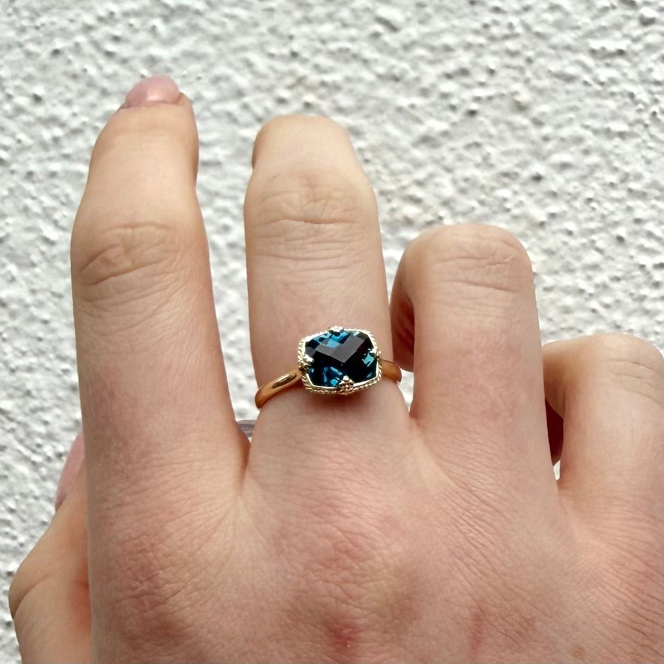 9ct Yellow Gold Cushion Chequerboard Cut London Blue Topaz Ring