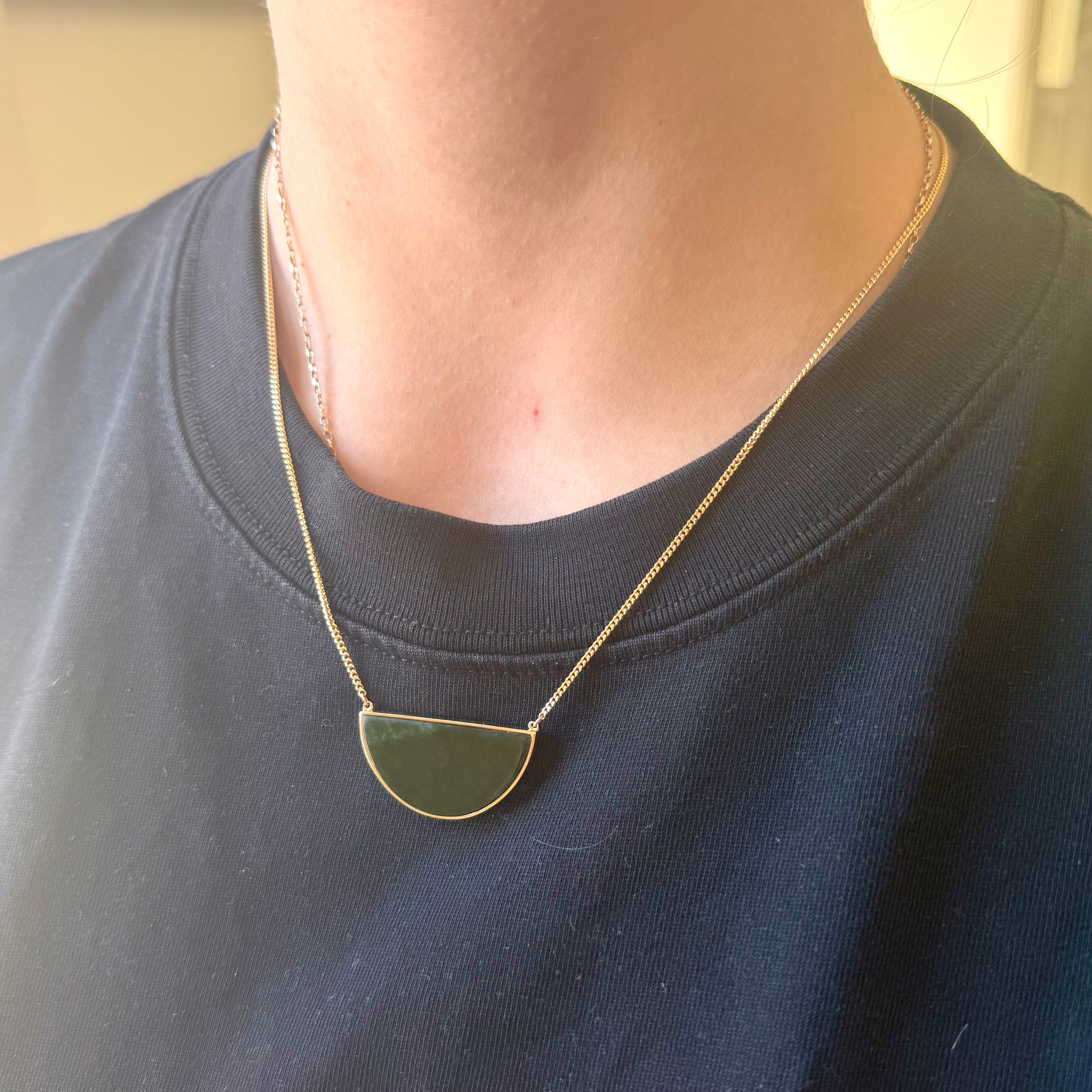 9ct Yellow Gold Semi Circle NZ Greenstone Necklace