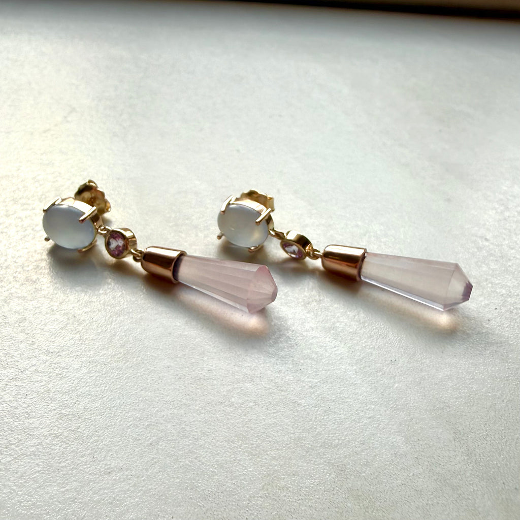 9ct Yellow & Rose Gold Blue Chalcedony Purple Sapphire & Rose Quartz Drop Earrings