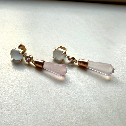9ct Yellow & Rose Gold Blue Chalcedony Purple Sapphire & Rose Quartz Drop Earrings