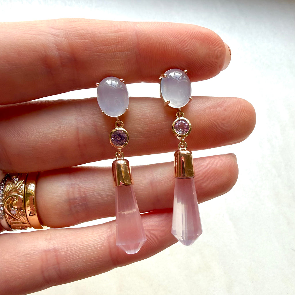 9ct Yellow & Rose Gold Blue Chalcedony Purple Sapphire & Rose Quartz Drop Earrings