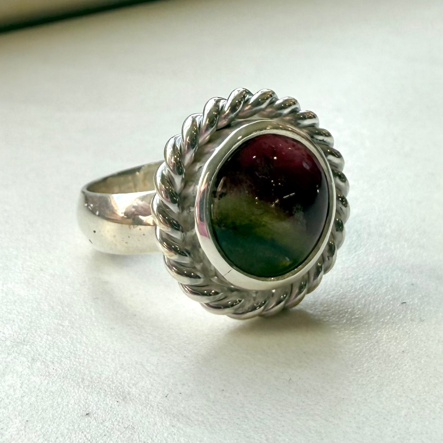Sterling Silver Watermelon Tourmaline Rope Twist Ring
