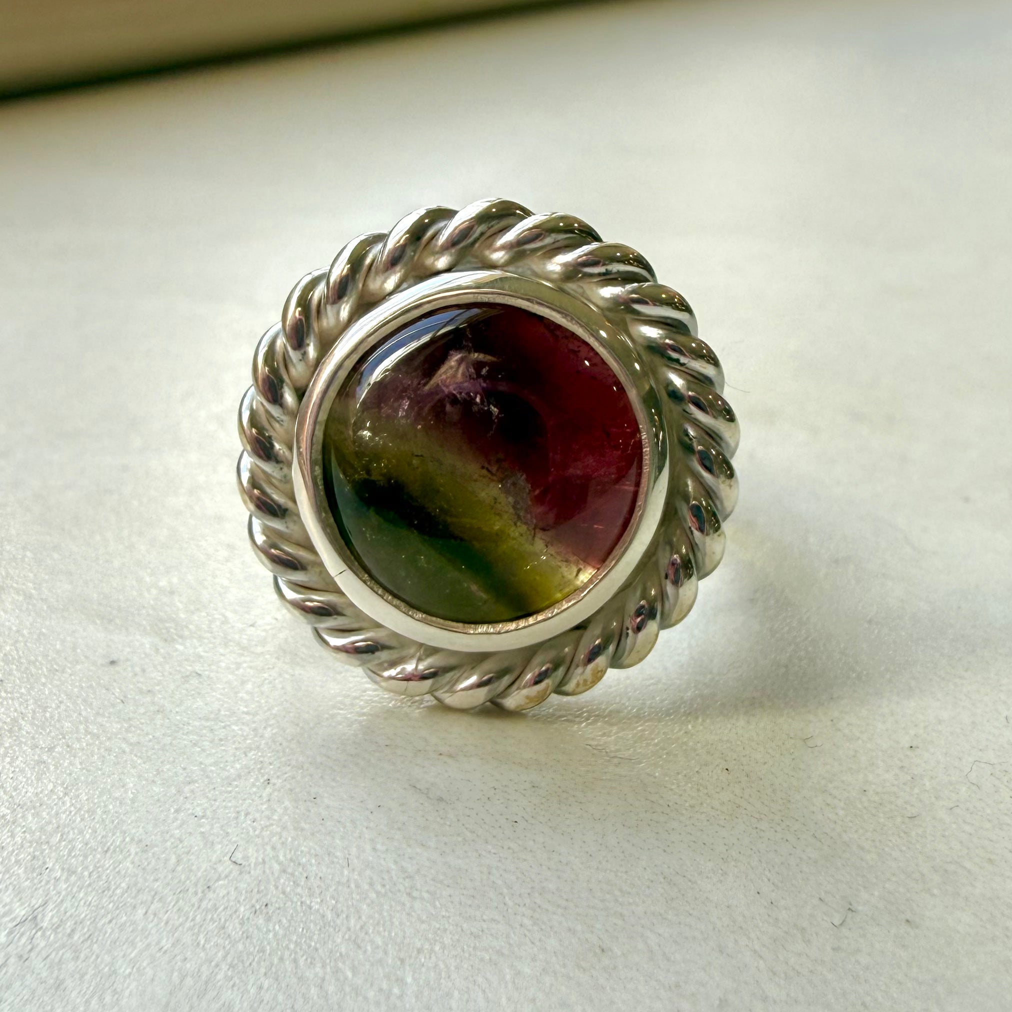 Sterling Silver Watermelon Tourmaline Rope Twist Ring