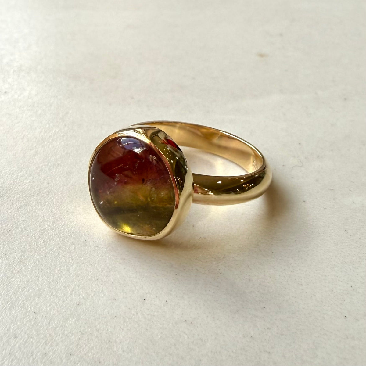 9ct Yellow Gold Cabochon Watermelon Tourmaline Ring