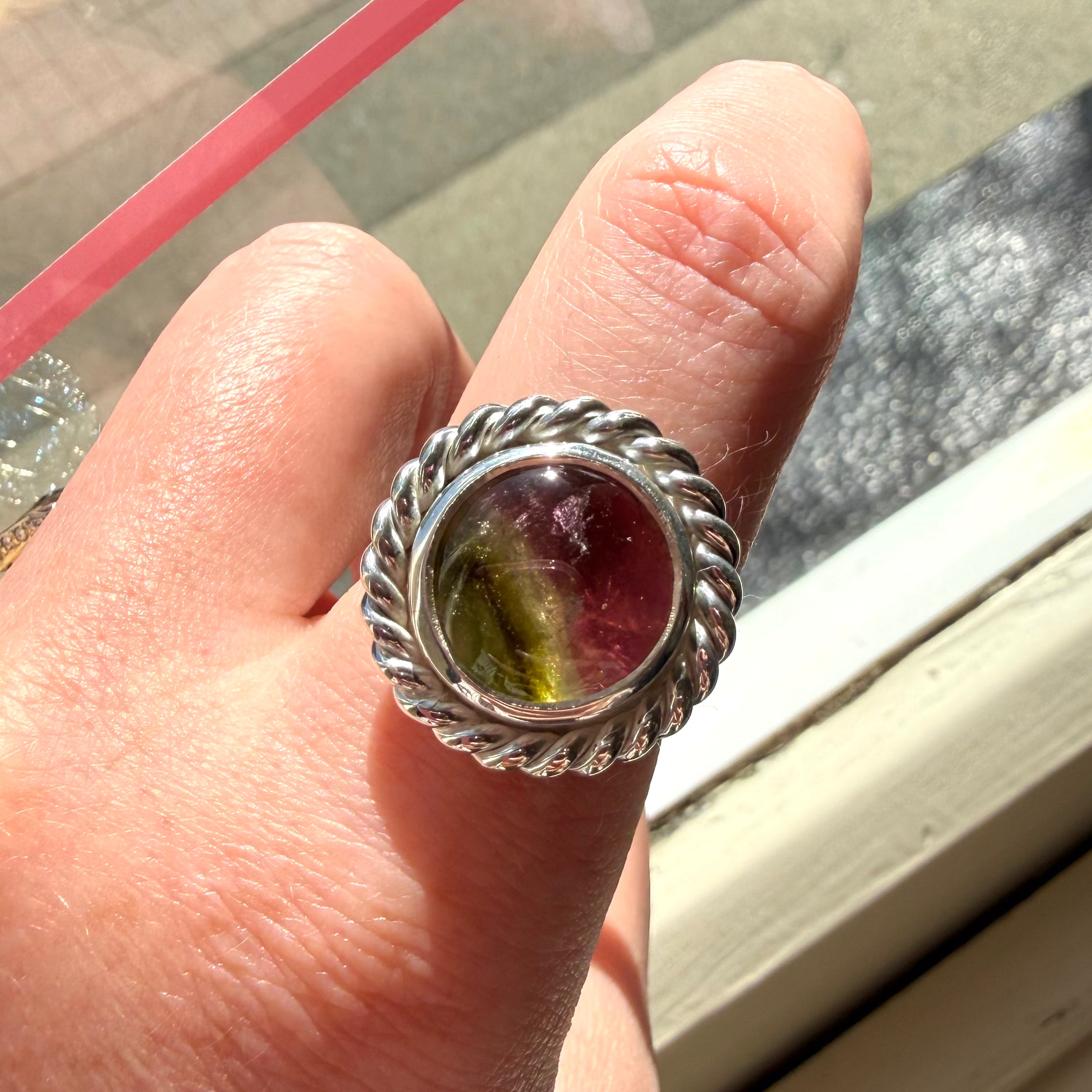 Sterling Silver Watermelon Tourmaline Rope Twist Ring