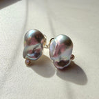 9ct Yellow Gold Freshwater Baroque Grey Pearl & Round Brilliant Diamonds Stud Earrings