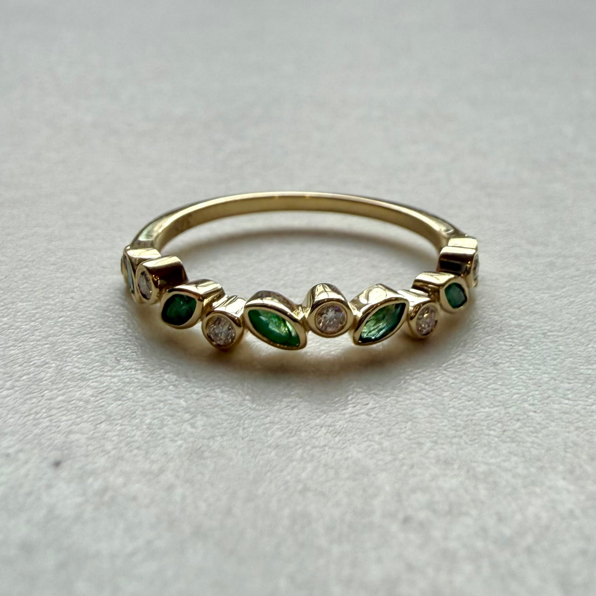 9ct Yellow Gold Marquise Emerald & Round Brilliant Cut Diamond Band