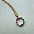 9ct Yellow Gold Blue Topaz Pink Tourmaline & Round Brilliant Cut Diamond Open Circle Pendant