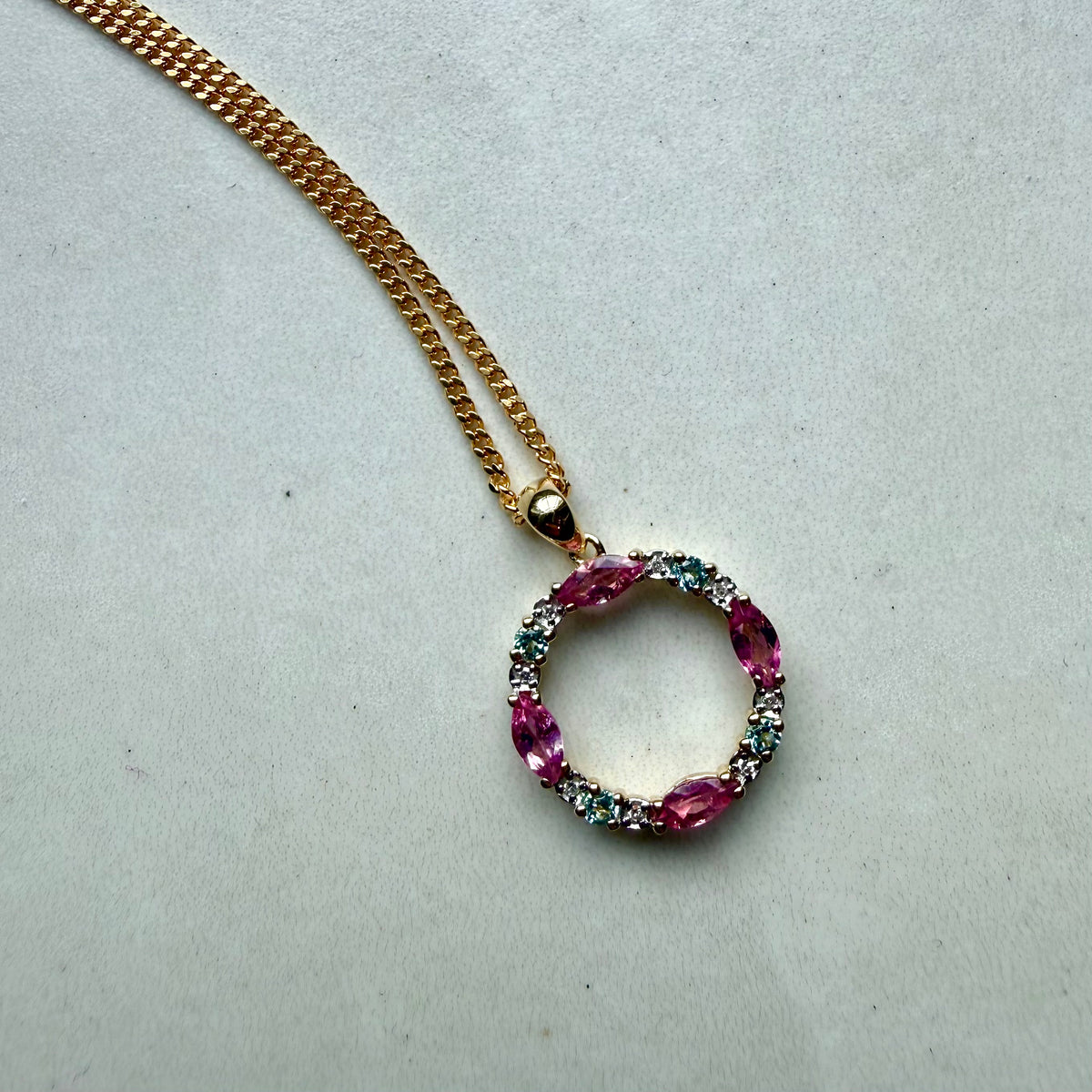 9ct Yellow Gold Blue Topaz Pink Tourmaline & Round Brilliant Cut Diamond Open Circle Pendant