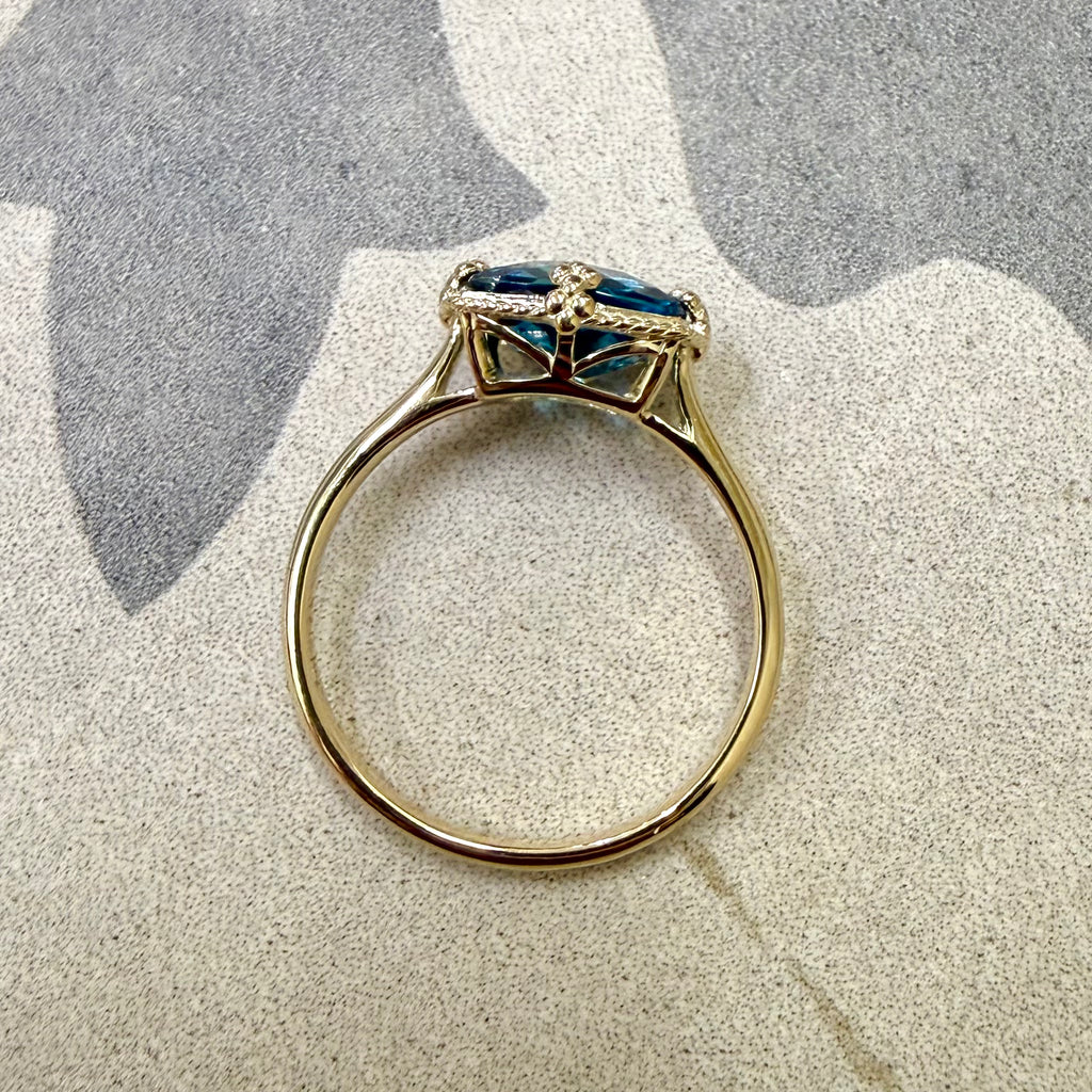 9ct Yellow Gold Cushion Chequerboard Cut London Blue Topaz Ring