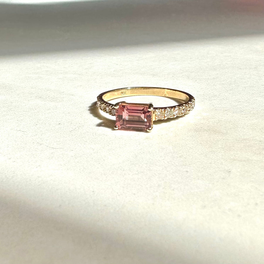 9ct Yellow Gold Pink Baguette Cut Tourmaline & Diamond Ring