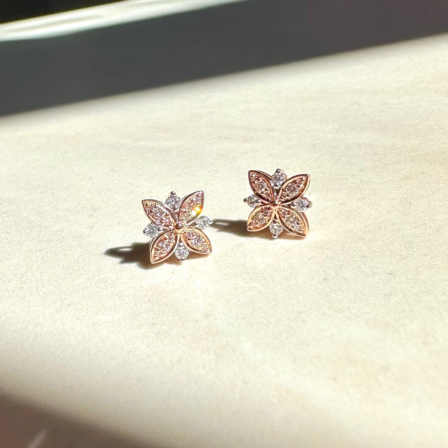 9ct Rose Gold Pink and White Diamond Flower Petal Stud Earrings