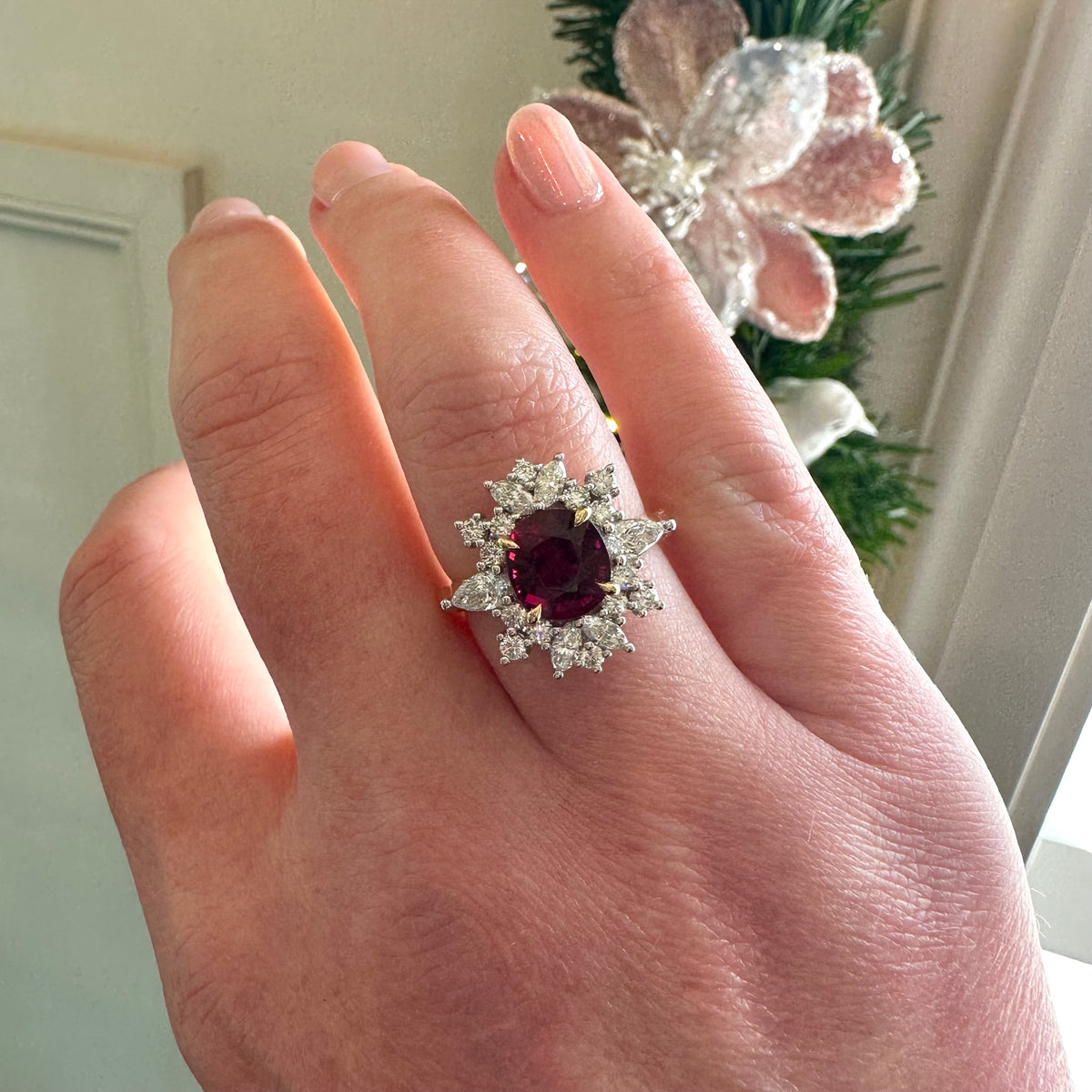 18ct Yellow and White Gold Rubellite and Diamond Cluster Ring