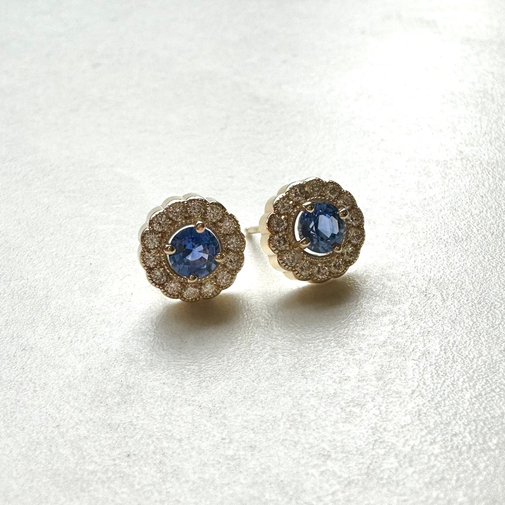 14ct Yellow Gold Sapphire & Round Brilliant Cut Diamond Cluster Stud Earrings