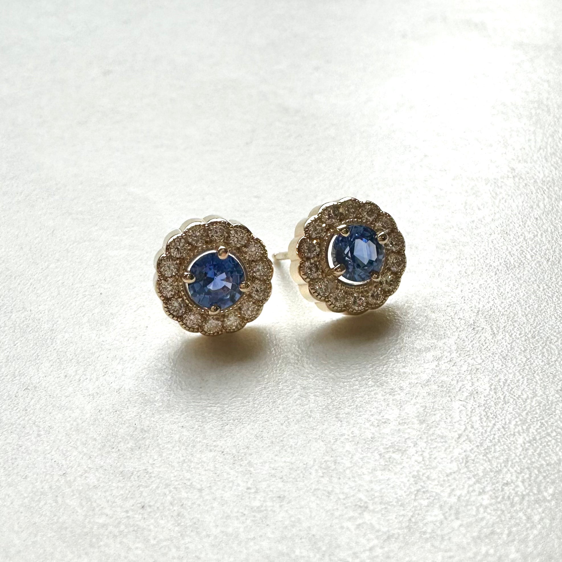 14ct Yellow Gold Sapphire & Round Brilliant Cut Diamond Cluster Stud Earrings