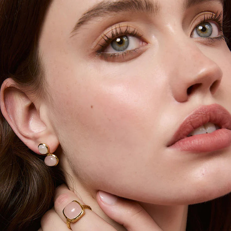 BIANC - Sterling Silver Yellow Gold Plated Moonstone & Pink Rose Quartz 'Motif' Stud Earring