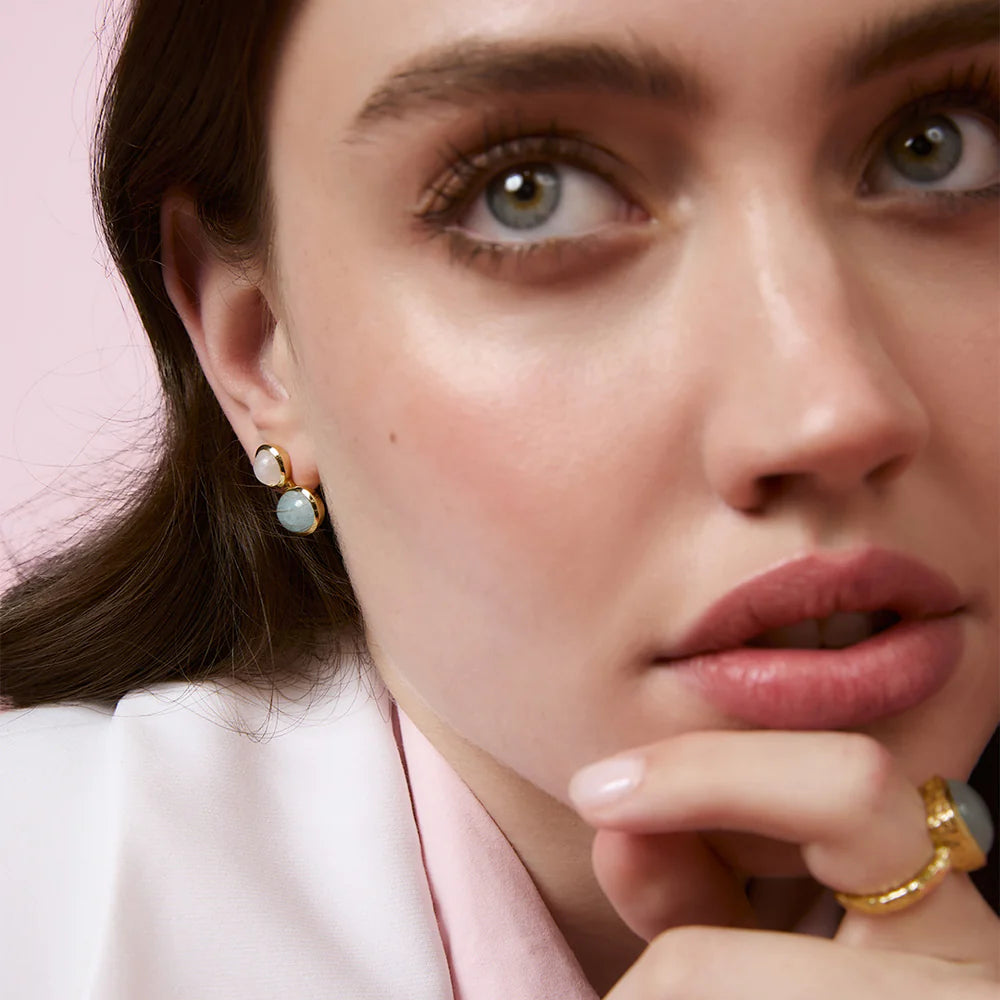 BIANC - Sterling Silver Yellow Gold Plated Moonstone & Aquamarine 'Motif' Stud Earrings